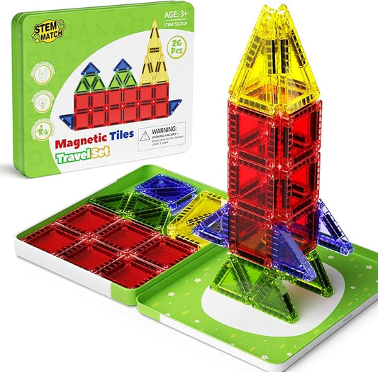 Mini Magnetic Tiles Travel Set, 26PCS Compact Magnetic Building Blocks for Kids Ages 4-8 & Toddlers 1-3, Airplane Toys with Visual Storage Guide & Metal Box