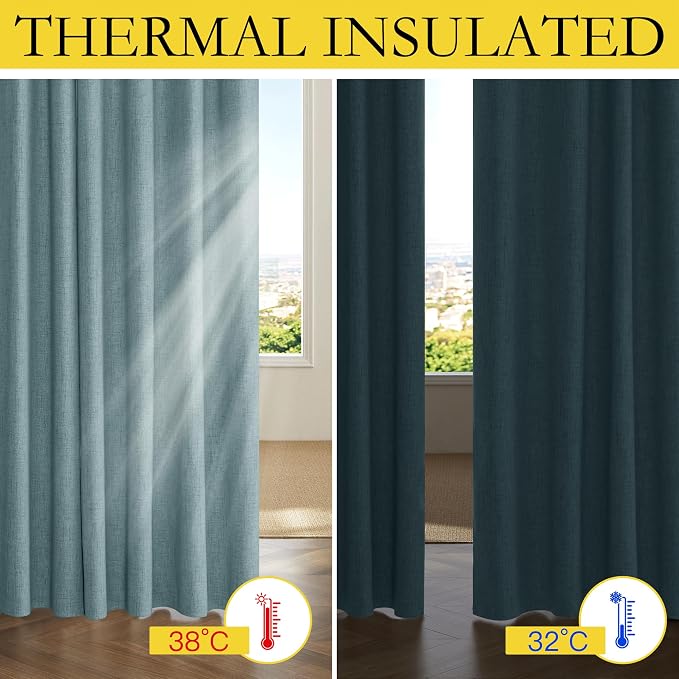 NICETOWN Skylark Blue Bedroom Full Blackout Linen Curtain, Thick Linen Blend Thermal Insulated Classic Back Tab Blackout Draperies with White Liner for Nursery (Set of 2, 52 by 72-inch)