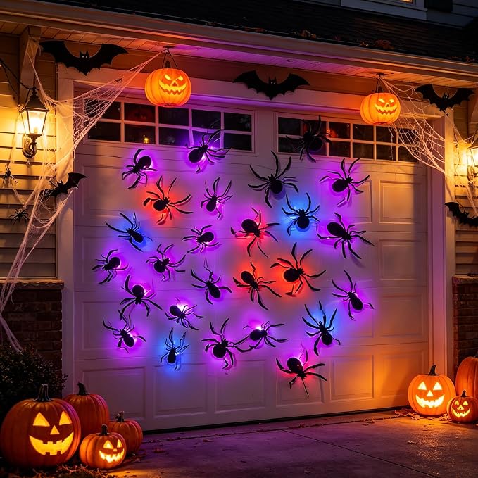 DR.DUDU 36 Pack Halloween Wall Decor Light up Spiders Window Decorations | Multi-Color LEDs, 3D Spider Stickers, Removable Wall Decals, Assorted Sizes, For Indoor Outdoor Bathroom Home Party