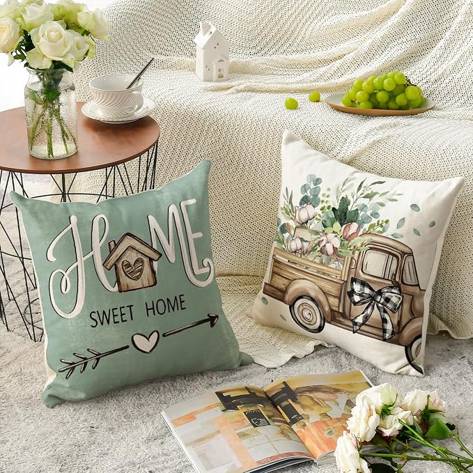 AVOIN colorlife Bless Our Home Farmhouse Eucalyptus Leaves Throw Pillow Covers, 18 x 18 Inch Truck Home Sweet Cushion Case Decorations Set of 4