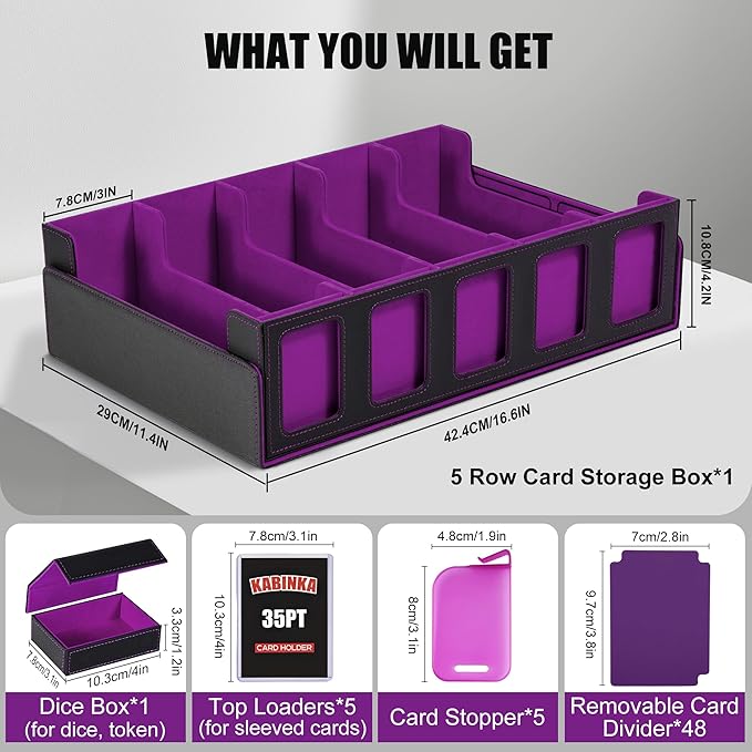 Kabinka Trading Card Storage Box with Commander Display, 5-Row Deck Case with Removable Lid; 3900+ Card Deck Box for MTG TCG Sports Card, 5 Top Loaders, 5 Stoppers, 48 Dividers,1 Dice Tray