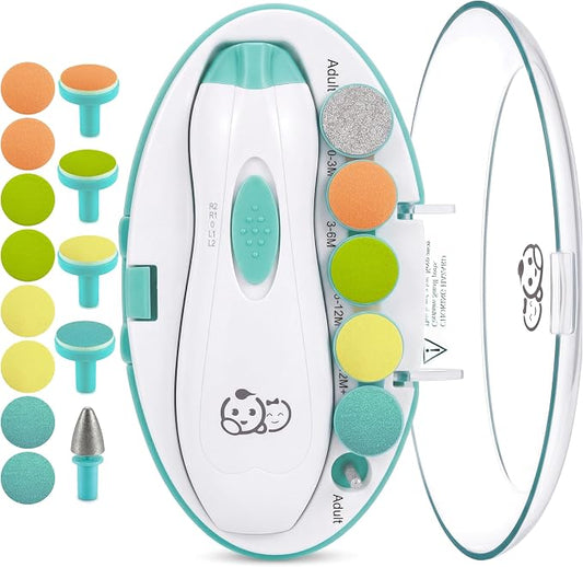 Royal Angels Upgraded 21 in 1 Baby Nail Trimmer with Labeled Case, 13 Extra Replacement Pads, Safe Electric Baby Nail File Kit for Newborn & Toddler, Whisper Quiet Nail Clipper with LED Light (Green)