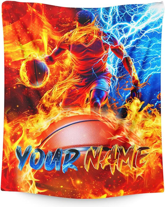 Basketball Blanket for Boys Men Personalized Sport Throw Blankets for Kids Teens, 40x50 Inches Cozy Soft Cool Custom Decor Throw for Sofa Couch Bed Office