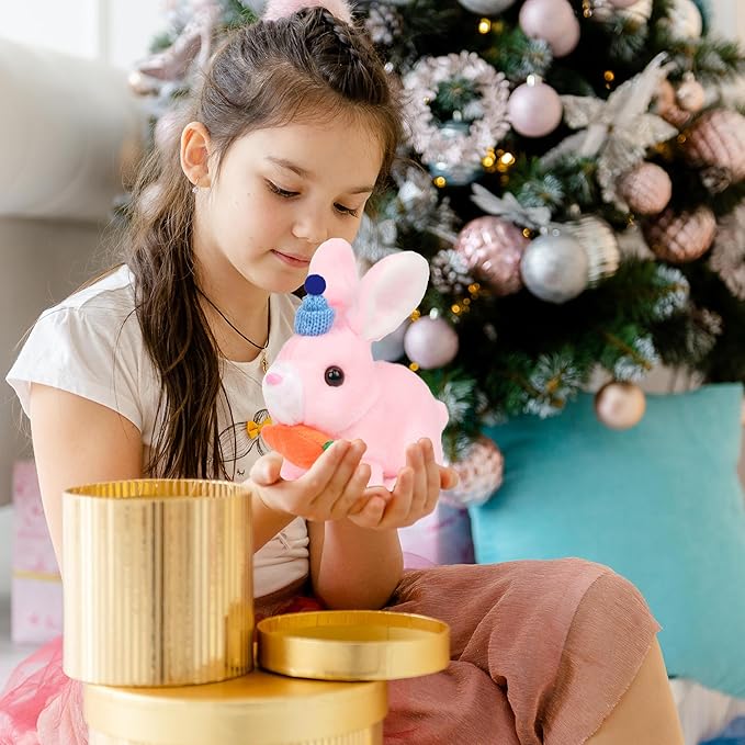 Easfan Hopping Bunny Plush Jumping Spotted Pink Rabbit with Hat Ears Nose Moving Educational Plush Toy Interactive Toy Electric for Toddlers Kids,7"