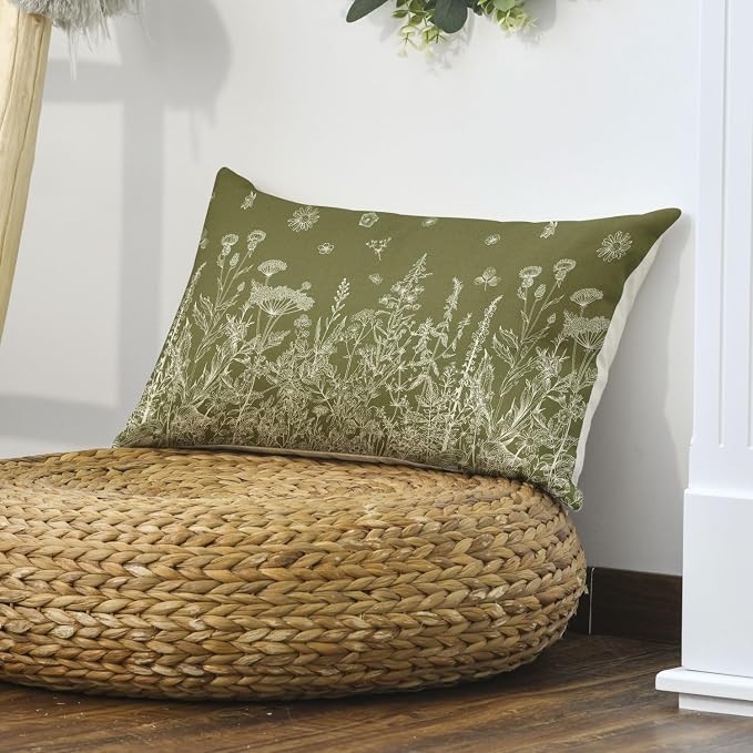 AVOIN colorlife Wildflowers Spring Moss Green Throw Pillow Cover 12x20 Inch | Floral Cushion Case Decoration for Home Sofa Couch