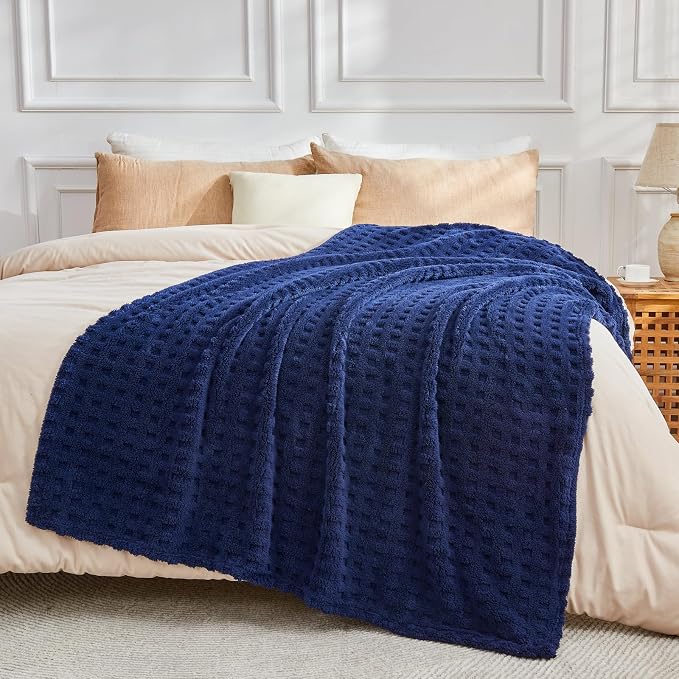NEWCOSPLAY 3D Waffle Checkered Flannel Throw Blanket, Dark Navy, 50"x70" | Super Soft Cute Lightweight Decorative Premium Silky Fleece Blanket for Couch Sofa Bed, Gift for Women Men, All Season Use