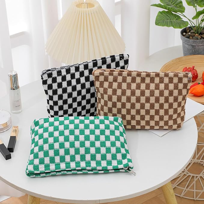 Cosmetic Bags for Women - Corduroy Cosmetic Bag Aesthetic Women Handbags Purses Smile Dots Makeup Organizer Storage Makeup Bag Girls Case Bags (Q-Checkered Rose pink)