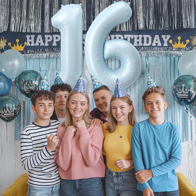 Big Number 16 Balloons, Light Matte Blue Foil 16 Balloon Numbers 40 Inch, Giant 16th Birthday Party Decor, Pastel Baby Powder Blue Mylar Self Inflating Balloon for Boys Men Anniversary Decorations