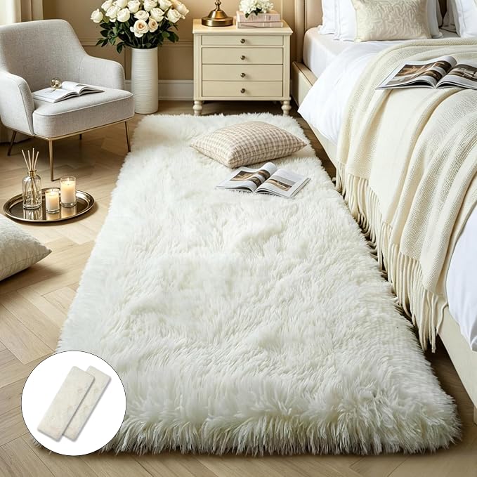 KCHOWUA Cream White Thick Fluffy Area Rug 2x6, 2 Pcs Washable Fuzzy | Soft plush shaggy throw rug Ivory for girls bedroom, living room, kids room, dorm, and nursery
