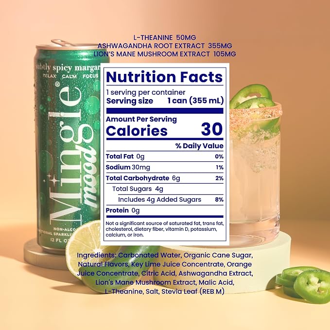 Mingle Mocktails Spicy Margarita Nootropic Non Alcoholic Drinks with Ashwagandha, L-Theanine, Lion's Mane, Adaptogens, Alcohol Alternative Pre-Mixed Mocktails, Gluten Free Vegan, 12 Pack 12 fl oz