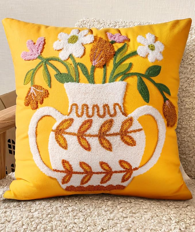 Embroidered Throw Pillow Cover - 18x18 Decorative Pillow Cover with Zipper Aesthetic Cute Design Boho Spring Summer Cozy Throw Pillowcase for Living Room Couch Sofa Bed, Floral Vase