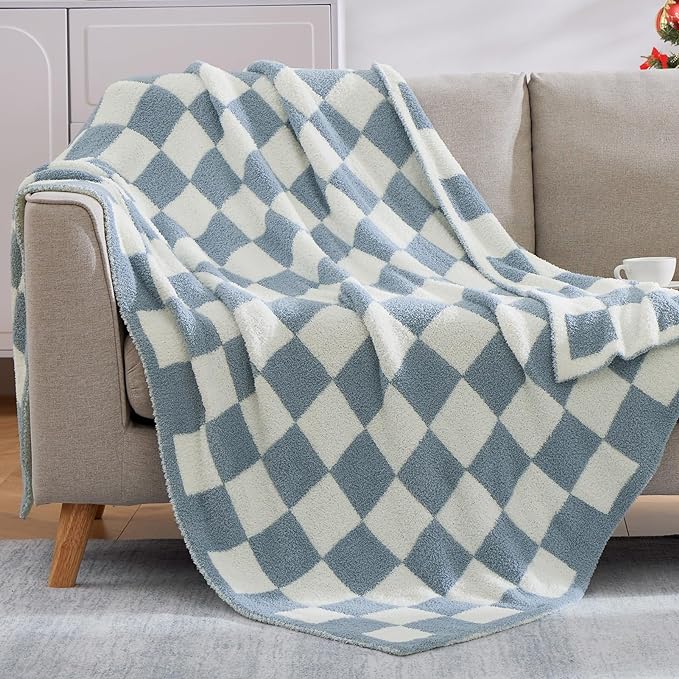 Soft Checkered Throw Blanket for Couch-Cozy Warm Knitted Blankets | Lightweight Warm Fluffy Decor for Women, Mom, Her & Girls, Sofa, Chair, Bed, 50x70in, Grey Blue