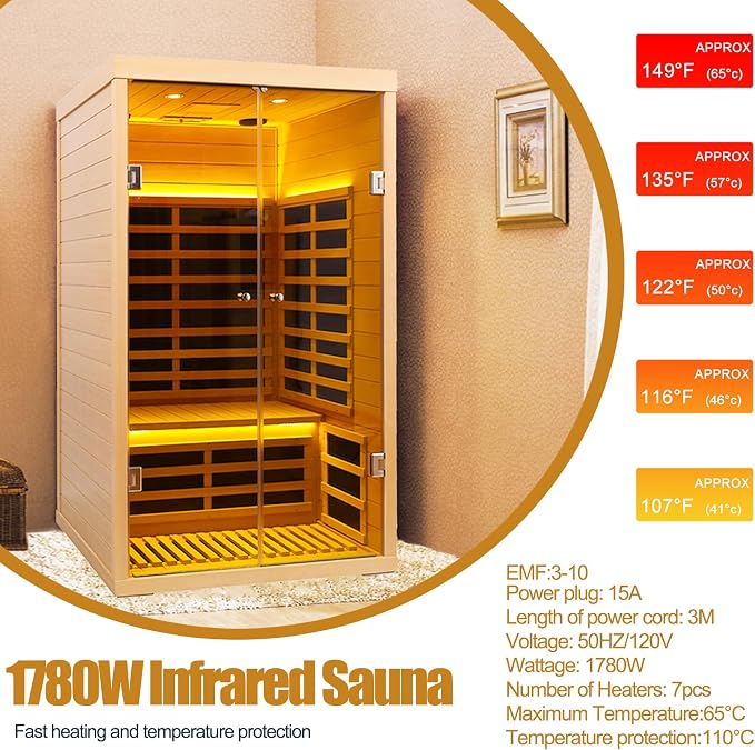 2 Person Infrared Sauna, Low EMF Far Infrared Sauna Hemlock Wooden Sauna for Home, 1780W Indoor Sauna with App & LCD Panel Control, Tempered Glass Doors