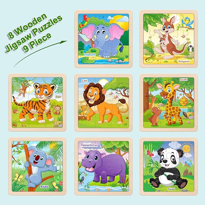 Wooden Puzzles for Toddlers, 9 Pieces Animal Jigsaw Puzzles for Kids Ages 3-5 4-6, Preschool Learning Activities, Learning & Educational Toys, Gifts for Boys, Girls (8 Pack)