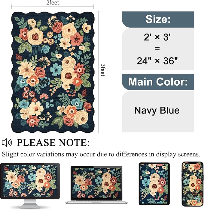 DUKINO 2x3 Rug for Entryway, Floral Door Mat Washable Rug, Navy Blue | Non Slip, Low Pile, Soft Small Rugs for Kitchen, Entrance, Bedroom, Bathroom, Laundry, Pet Friendly, Non-Shedding, Home Decor