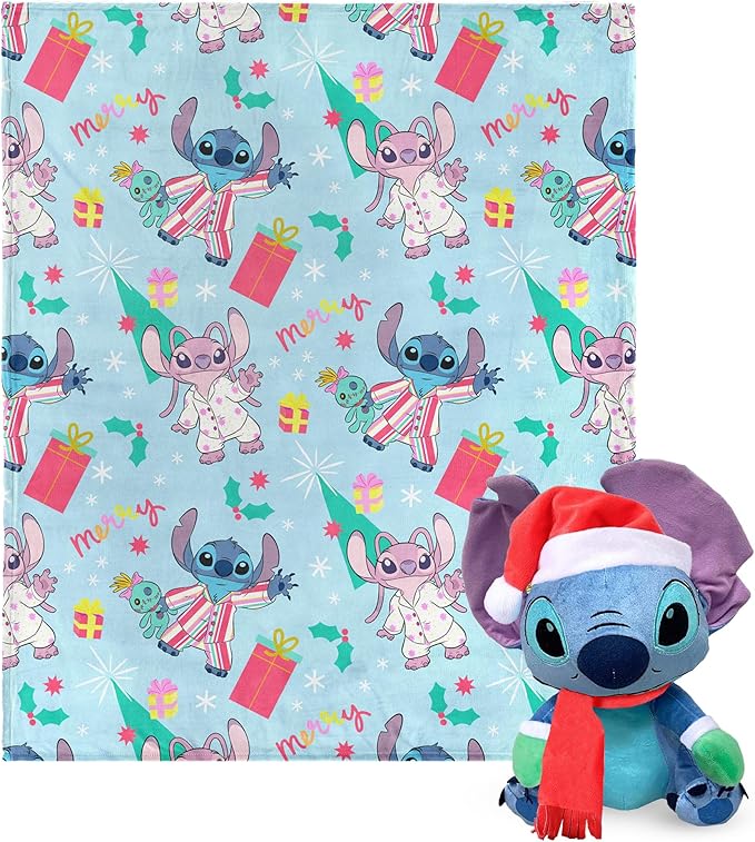 Northwest Character Hugger Pillow & Silk Touch Throw Blanket Set, 40" x 50", Lilo & Stitch Holiday Jammies