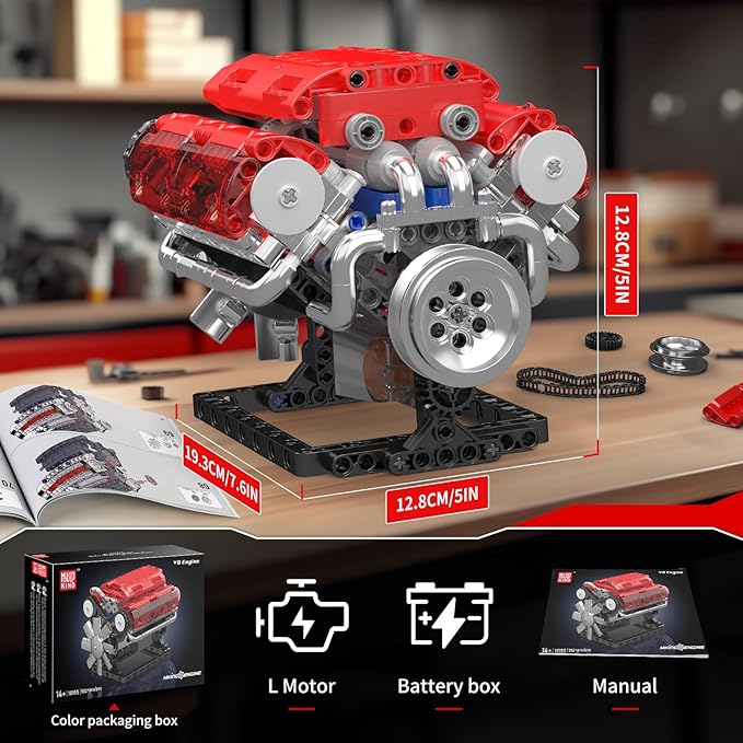 Mould King V8 Engine Building Blocks Sets, 10155 Model Engines Kit That Runs, 8-Cylinder Sports Car Engine Build Kits for Adults with Battery and Motor, Construction STEM Toy(552 Pcs)