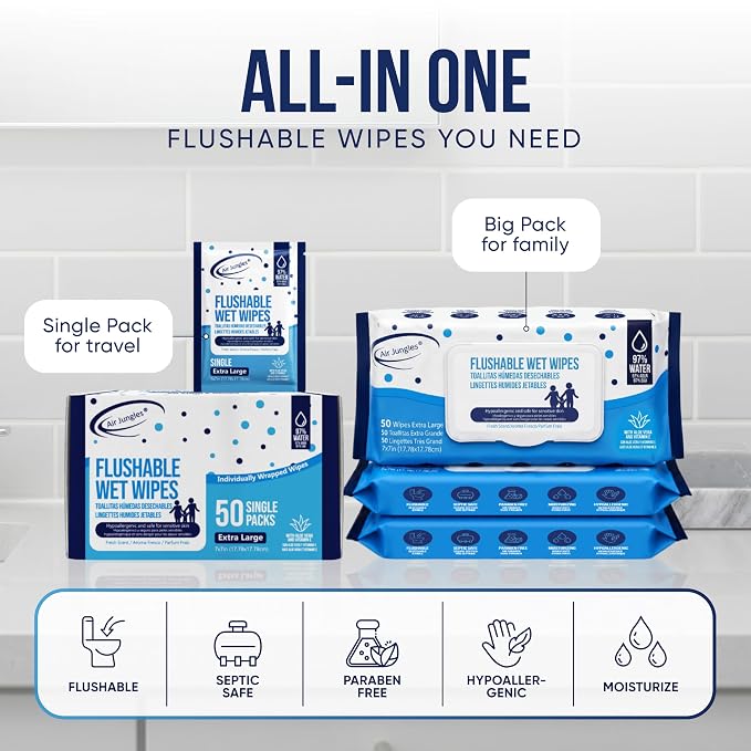 Air Jungles Flushable Wipes Travel Size Individually Wrapped 100 Ct | On-the-Go Butt Wipe with Aloe Vera & Vitamin E, Ultra Soft and Large for Adult and Kid, 97% Water - XL 7 X 7 in, Fresh Scent