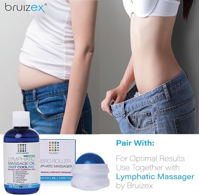 Bruizex Lymphatic Drainage Massage Oil with Arnica & Menthol for After Procedure Body Care & Lymphatic Drainage Massager, Liposuction, 360 Lipo, BBL, Tummy Tuck Body Massage, Cooling Formula - 8.5 Oz