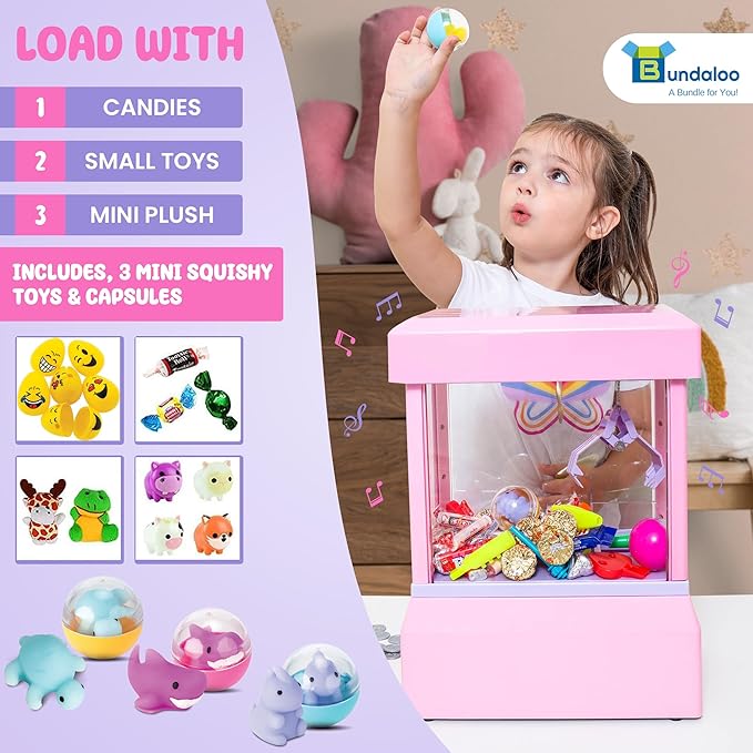 Bundaloo Squishy Claw Machine Arcade Game Candy Grabber Prize Dispenser with 3 Squishy Toys and Reusable Capsules