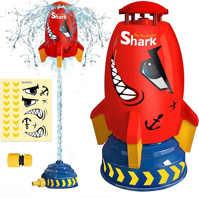 Outdoor Water Sprinkler for Kids Outdoor Water Rocket Splash, Kids Sprinkler for Outside Backyard, Summer Fun Pool Rocket Toys for Toddler Ages 3+ Gift Ideas, Red