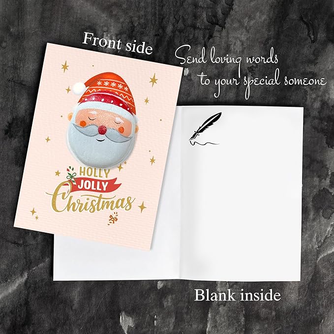 Handmade Vintage Santa Christmas Greeting – Retro Holiday Design with Envelope – 1950s Style Christmas Stationery, Pebble Art Nostalgic Keepsake for Holiday Gifting
