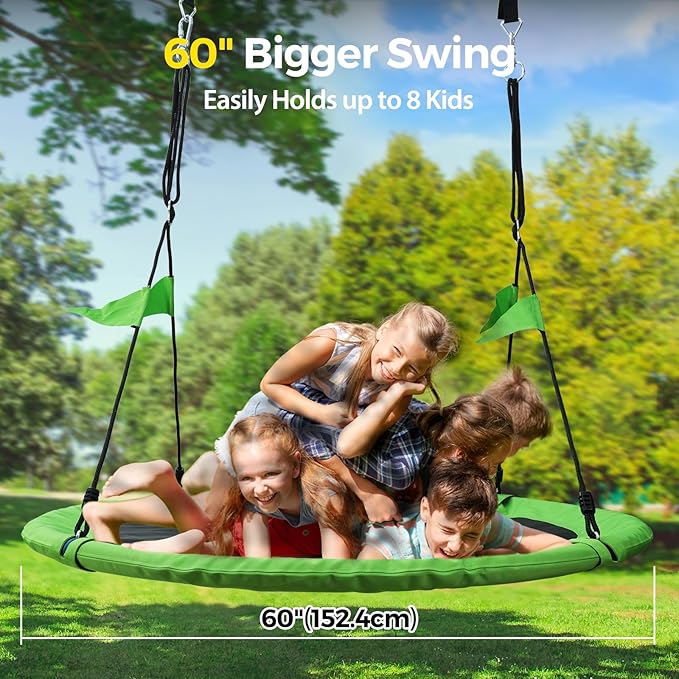 PACEARTH 60” Tree Swing for Kids & Adults Outdoor Saucer Swing 60-Inch Diameter 900D Oxford Fabric Splash and UV Resistant Heavy Duty 900LBS Weight Capacity with Tree Straps and 360° Swivel, Green