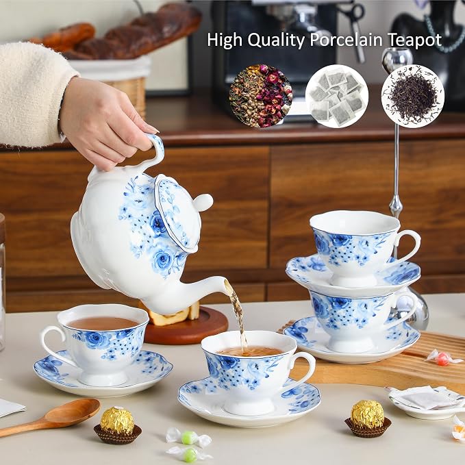 27oz Floral Porcelain Teapot with Blue Rose Pattern, Ceramic Small Teapot for Loose Leaf & Tea Bags, Dishwasher Safe, Classic Design for Daily Tea & Gift Giving