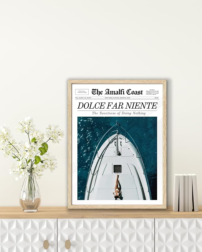 EcoHest 12x16 in Dolce Far Niente Newspaper Framed Wall Art | Natural Oak Wood Frame, Canvas Wall Art, Italian Summer Newspaper Decor for Living Room, Bedroom, Apartment, Dorm Room, 1Pack
