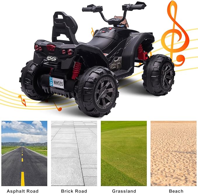 OTTARO Ride on ATV 2 Seater, 12V 4 Wheeler Electric Quad for Kids 3-8 w/ 17" Length Seat, LED Lights, 2 Speeds, Soft Braking, Rear Pedal & Backrest (Black)