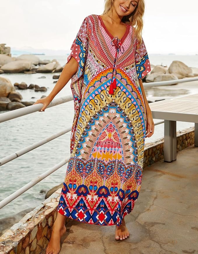 Venasha Womens Caftan Floral Print Kaftan Dress Short Sleeve Swimsuit Cover up Loungewear for Summer