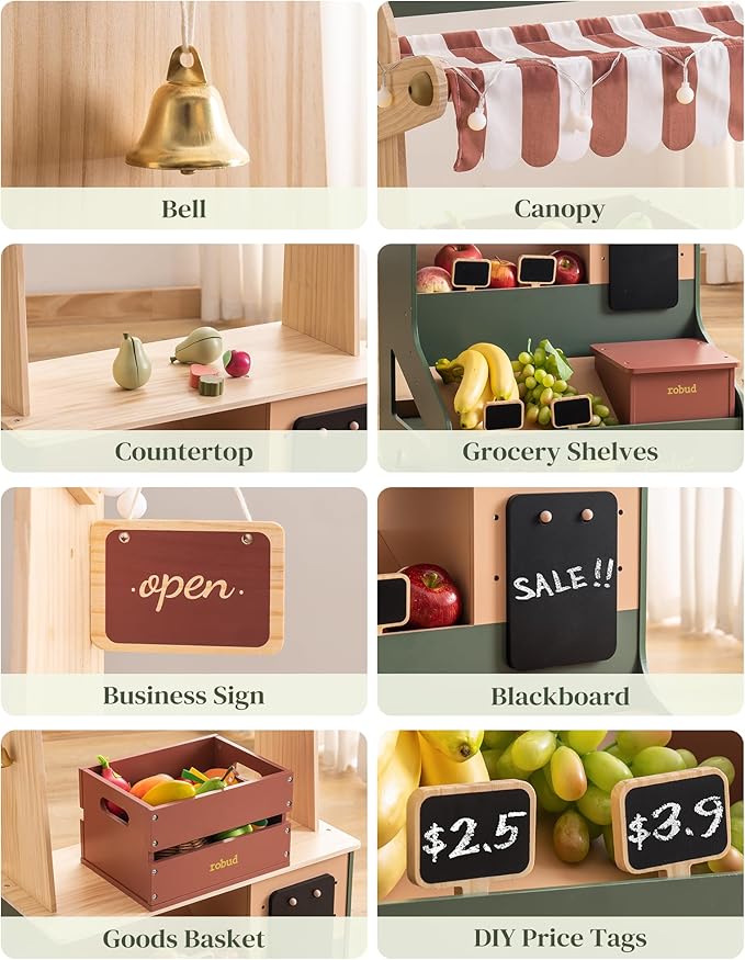 ROBUD Pretend Play Grocery Store with Lights, Supermarket Playset for Kids, Interactive Wooden Play Market Stand, Gift for 3+ Kids Boys Girls (Vintage Green)