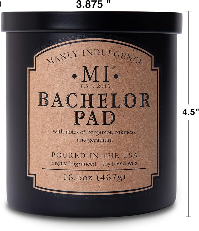 Manly Indulgence Bachelor Pad Scented Candles for Men, 2 Wick, 16.5 oz Premium Soy Blend Wax, 60H Burn, Candles for Home Scented - Made in The USA