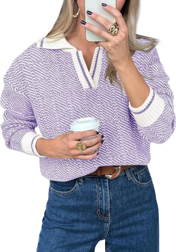 Saodimallsu Womens Fall Sweaters Tops Lapel V Neck Knit Color Block Shirt | Winter,Long Sleeve,Casual,Soft,Pullover,Cozy,Ribbed,Ladies,Chunky,Warm Sweaters,Checkered,Tunic,Work