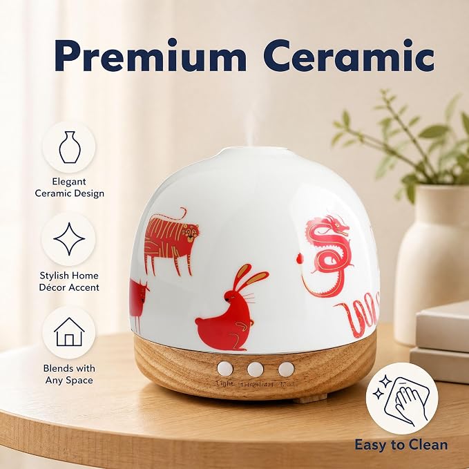 Ceramic Diffuser - 300ML Essential Oil Diffuser,Cute Porcelain Design, Quiet Cool Mist, 4 Timer Modes, Auto Shut-Off, Night Light for Bedroom and Home