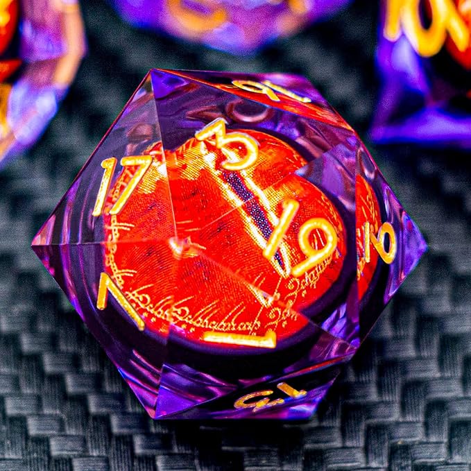 ARUOHHA DND Resin Dice Gazes Eye Dice Purple Gold Liquid Core Flaming RPG Sharp Edged Dice Set with Gift Box, Polyhedral D and D Dice Set Compatible with Dungeons Dragons Role Playing Game D20 D6