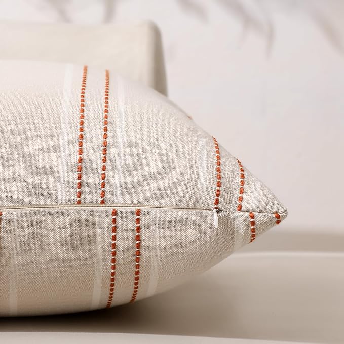 Hckot Fall Rust Terracotta Throw Pillow Covers 20x20 Set of 2 Stripe Pillow | Farmhouse Decorative Pillow Covers Square Cushion Covers for Sofa Couch Bed Living Room Modern Home Decor