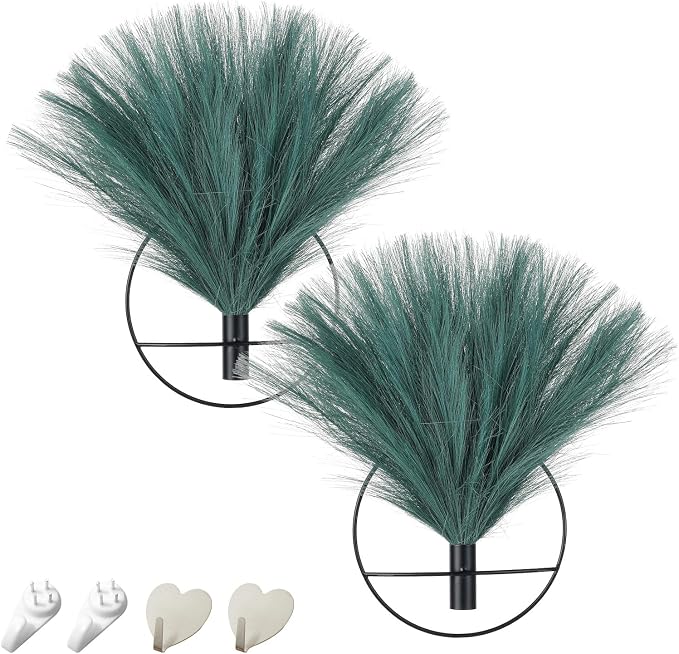 Pretty Jolly Boho Pampas Wall Decor Black Metal Wall-Mounted Art | Morden Artificial Greenery Display，2 Pack Hanging Planter For Living Room, Bedroom, Bathroom, Dining room