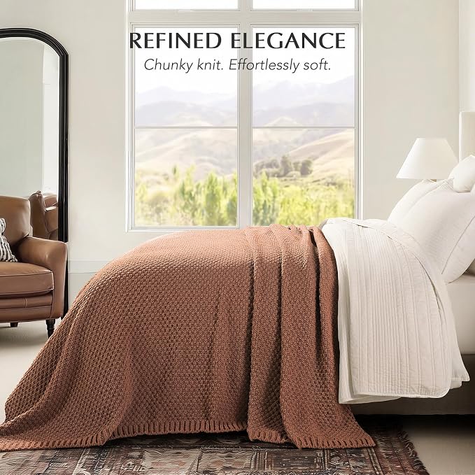 EVERGRACEHOME Chunky Chenille Knit Throw Blanket, 90 x 90, Terracotta Clay | Sculpted Moss Stitch, Chic Modern Farmhouse, All-Season Warmth, OEKO-TEX® Certified, Oversized Queen for Couch, Bed, Sofa