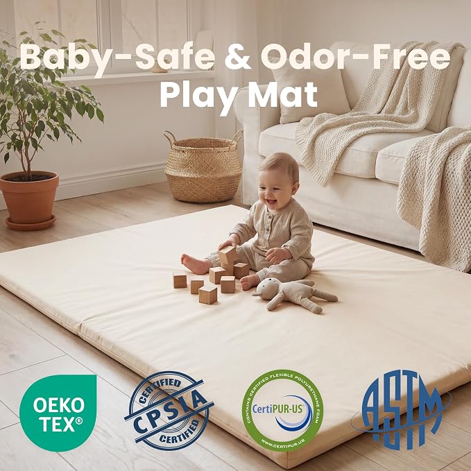 Huloo Sleep Baby Play Mat 74x50 Inches, 1.3" Thick Padded Waterproof Floor Cushion & Playpen Mat with Vegan Leather, Non-Slip & Non-Toxic Nursery Rug for Infants, Toddlers & Kids(Beige)