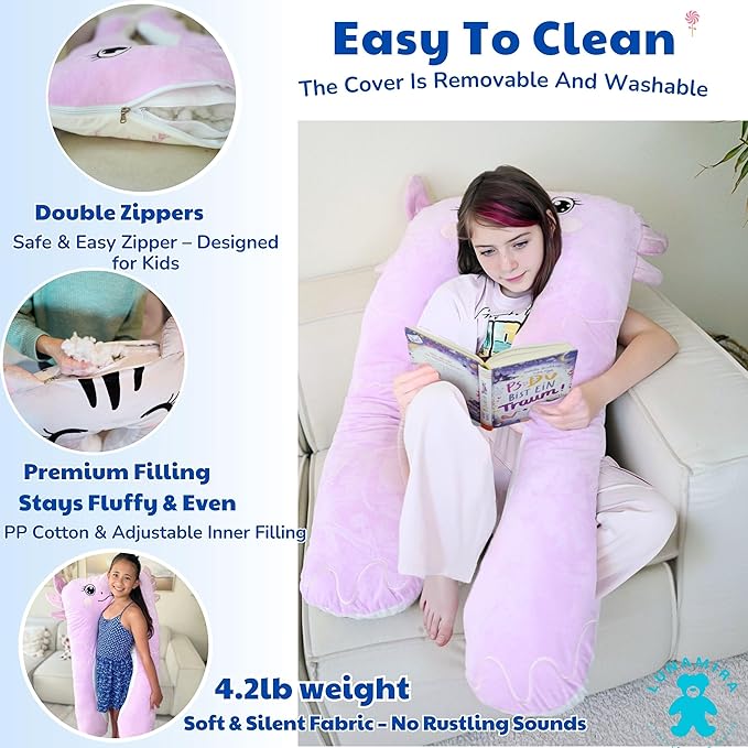 LUNAMIRA Axolotl Kids Body Pillow - 47" U-Shape Long Plush Soft Animal Pillow for Kids, Sleeping, Reading, ADHD & Special Needs Comfort, Anxiety, Washable Cover, Snuggle Fun Cuddle for Boys & Girls