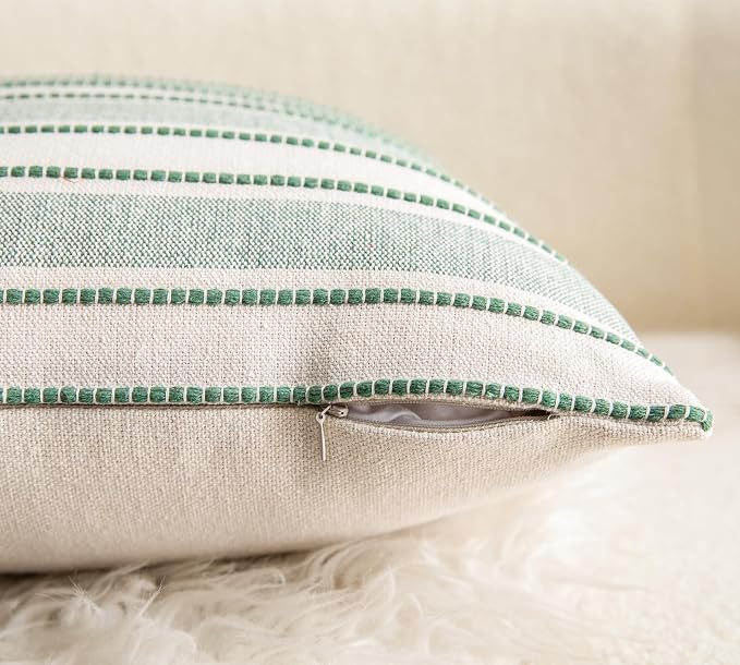 Cethom Decorative Boho Throw Pillow Covers, Farmhouse Textured Pillow Case, 22 x 22 Inch Set of 2, Chair Sofa Bedroom Living Room Home Decor Couch Cushion Case, Green and Beige Striped