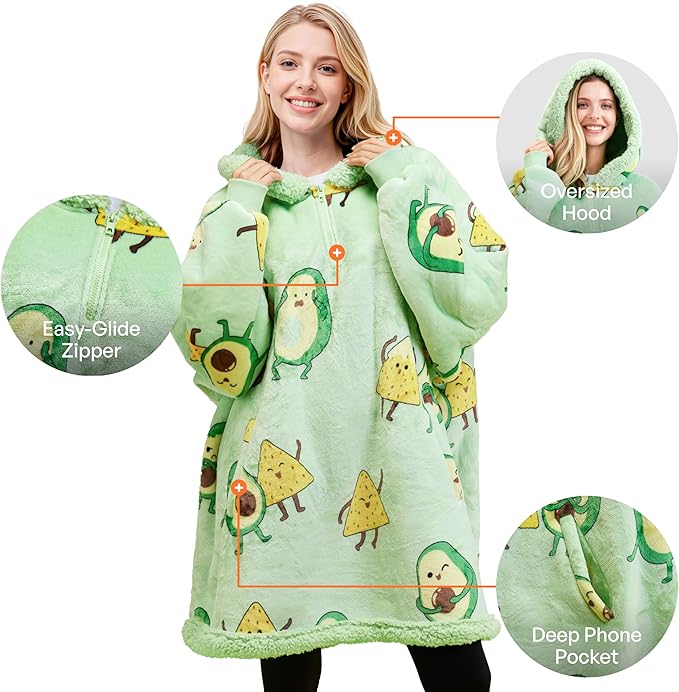 Giggling Getup Wearable Blanket Hoodie for Adults Gifts for Teen Girls Sister Women Sherpa Fleece Printed Hooded Blanket Sweatshirt Warm Cozy with Pocket & Sleeves Green Avocado