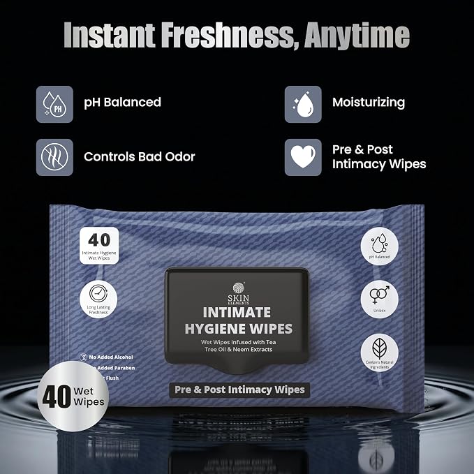 Skin Elements Intimate Hygiene Wet Wipes | Unisex | pH balanced Wipes | Tea Tree Oil & Neem Extracts | 80 Intimate Wet Wipes | Pre and Post Intimacy | Pack of 2