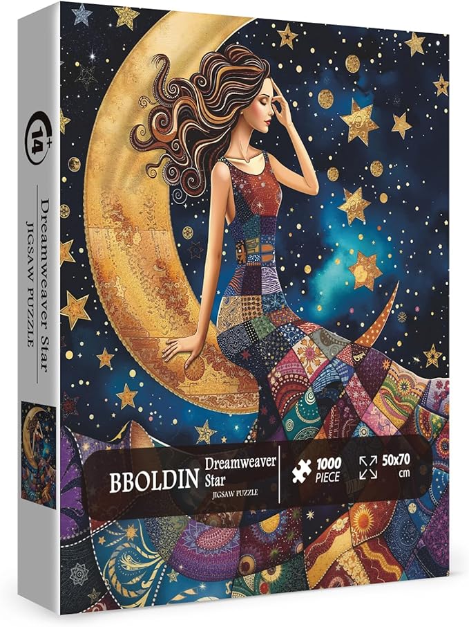 Pretty Women Patch Puzzles for Adults 1000 Pieces, Beautiful Quilt Sewing Art Challenging Jigsaw Puzzles, Colorful Moon Stars Aesthetic Impossible Hard Difficult Puzzle