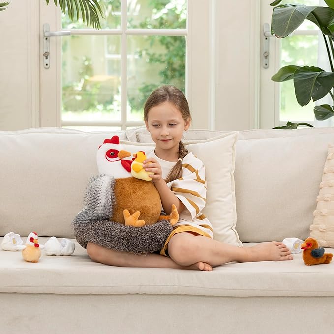 MaoGoLan 8Pcs Chicken Stuffed Animals, Stuffed Laying Hen Chicken Plush Toys with 3 Babies Chickens and 3 Eggs,1 Nest House Plush Set, Cute and Soft Farm Stuffed Animals Gift for Kids,Girls,Boys,White