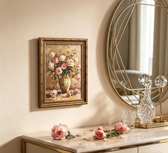 Gold Framed Vintage Floral Canvas Wall Art French Country Painting Picture Wall Decor Vase Flower Arrangement Poster Print Artwork for Living Room Bedroom Bathroom Home Decoration