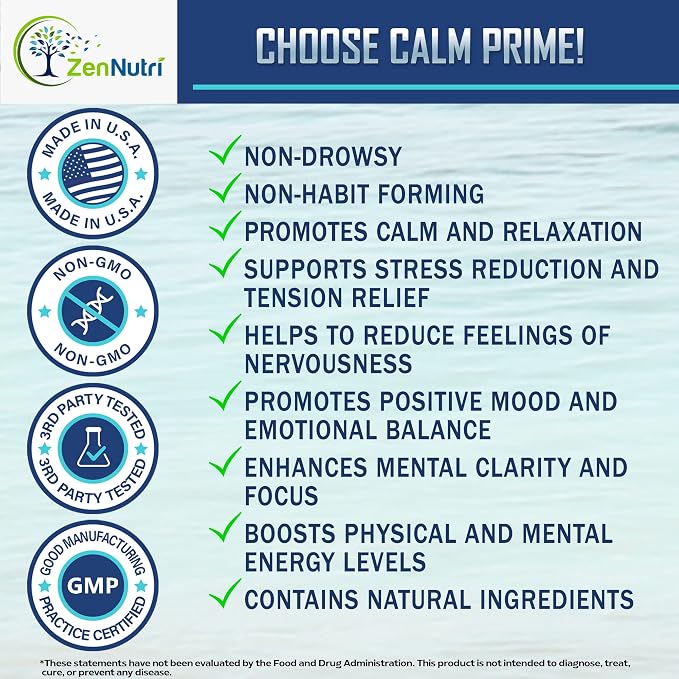 Calm Prime Stress Relief Supplement Non-Drowsy | Mood Support Supplement | Mood Boost | Vegan Daytime Stress Supplements Calm Aid | Stress Vitamins - Ashwagandha, Valerian Root - 60 Count
