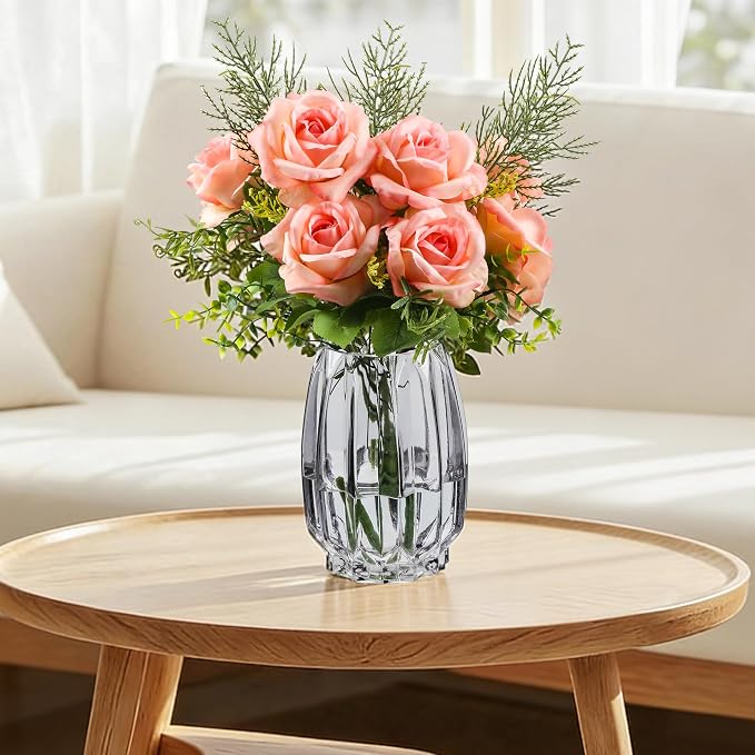 Glass Vase for Flowers - Hand Blown Flower Vase for Centerpieces, Wide Mouth Vase for Bouquets, Eucalyptus, Pampas Grass - Home Decor, Farmhouse, Dining Table
