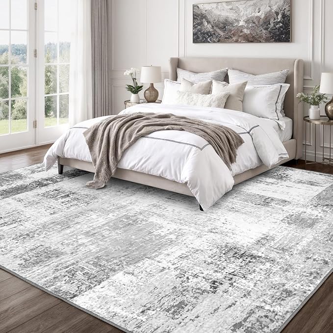 Rugflix 6x9 Area Rugs for Living Room, Washable Grey Large Rug | Machine Washable; Stain-Resistant; Low Pile; Non-Slip; Modern Abstract; Black Carpet for Bedroom Dining Office Nursery Home